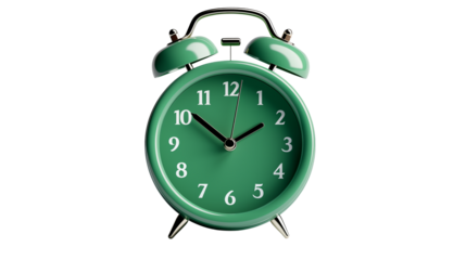 A green alarm clock with bells on a transparent background
