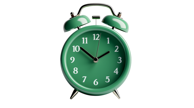 A green alarm clock with bells on a transparent background