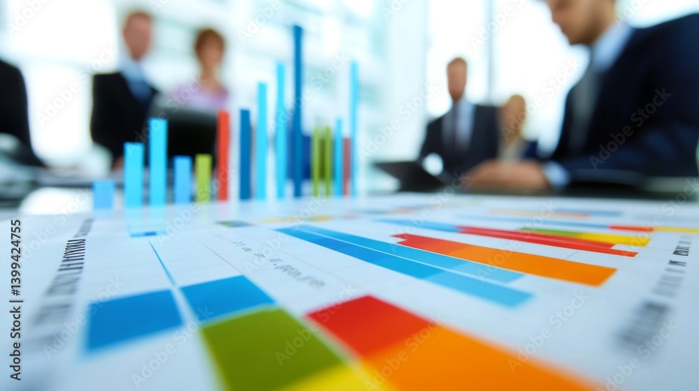 Leinwandbilder business team analyzing a colorful bar graph projected on a large office screen, focus on the graph