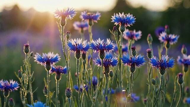 blue flower, cornflower, in summer meadow, flower meadow with blue flowers, cornflowers, Centaurea cyanus.