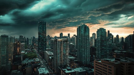 Obraz premium Cityscape under dramatic stormy sky