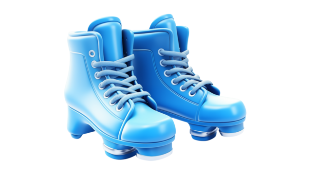 Two blue heeled boots with laces isolated on transparent background