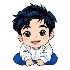 Happy Toddler Boy Cartoon Illustration Dark Blue Hair, White Shirt, Blue Pants