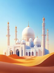 Majestic Mosque in Desert Landscape with White Domes and Minarets under Blue Sky