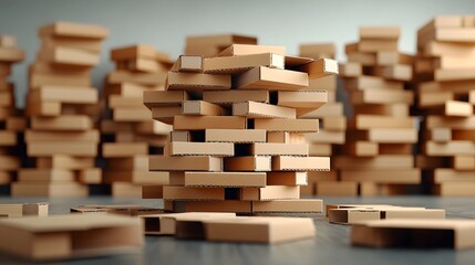 Intricate stacking of corrugated cardboard containers with textured surfaces scattered overlapping shapes and precise geometric patterns