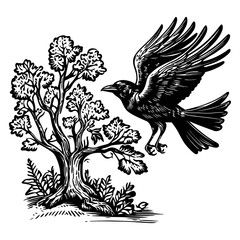 Raven and Tree Illustration in Classic Woodcut Style Design
