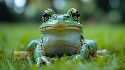 Obraz premium Close-up frog, sitting, green grass, blurred forest background. Nature education