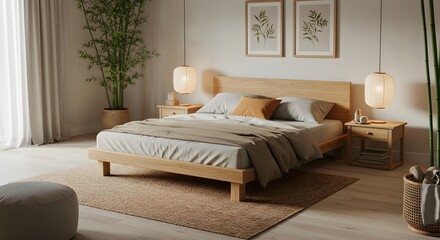 Serene Minimalist Bedroom Design Light Wood Platform Bed and Natural Elements