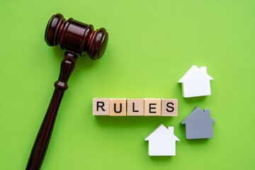 A conceptual still life photograph depicting legal and property themes, featuring a dark wooden judge's gavel positioned on the left side of a lime green background. 