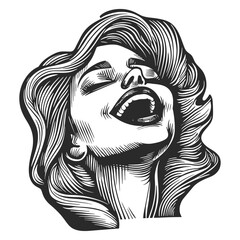 Joyful Woman Laughing with Flowing Hair in Artistic Illustration