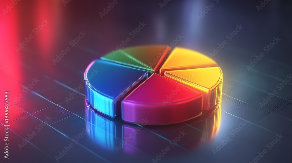 Aufkleber floating d pie chart with glossy, gradient-colored segments, and light reflections, futuristic desig