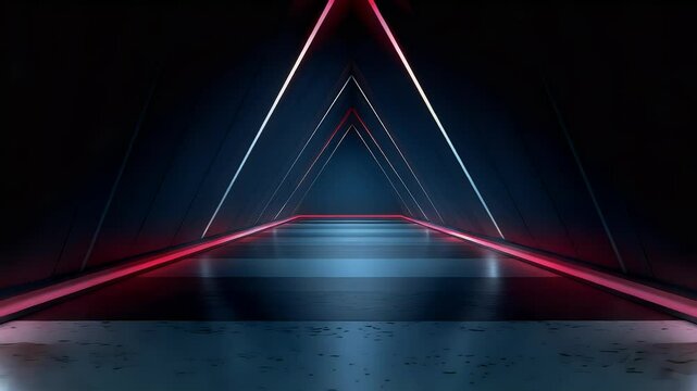 A long corridor with a glossy floor leading into a triangular tunnel of red and white lights in a dark setting