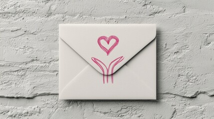 Beige Envelope with Pink Heart and Floral Design on Gray Textured Background, Generative AI.