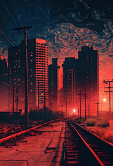 Dystopian urban landscape in intense red tones, contrasted by a turbulent dark blue sky. A haunting scene evoking themes of urban decay and an uncertain future