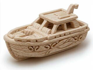 Beige Miniature Carved Boat Model on White Background, Generative AI.