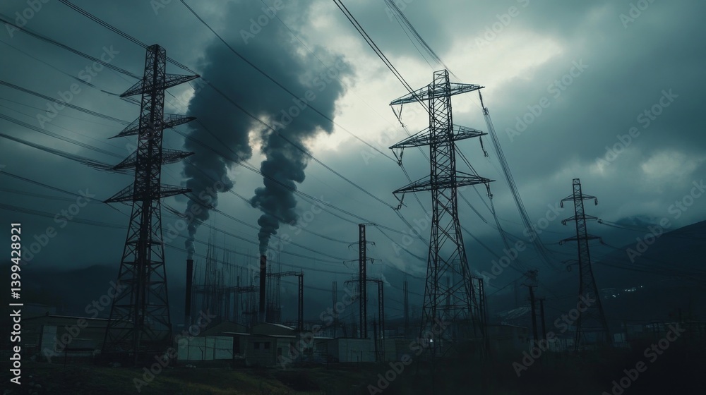 Poster Industrial scene with multiple power poles and transformers, dark clouds in the background