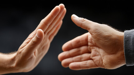 Rejection and Refusal: A close-up shot of two hands, one extending in a gesture of greeting, met with a firm palm, symbolizing denial or disapproval.