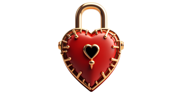 Isolated red heart shaped padlock with golden accents