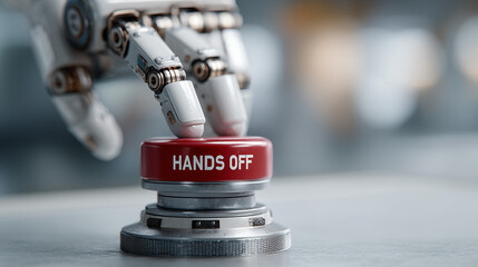 Robotic Hand and 'Hands Off' Button: The robotic hand firmly presses the red "HANDS OFF" button, sending a clear signal of automation and control. Exploring the concepts of technology, robotics.