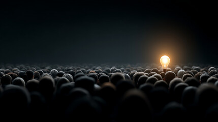 Obraz premium Illuminated Idea: A lone glowing light bulb radiates brightness above a crowd of shadowy figures, symbolizing a unique idea and inspiration
