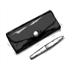 Black Leather Pen Case and Silver Pen Sketch Illustration, Generative AI.