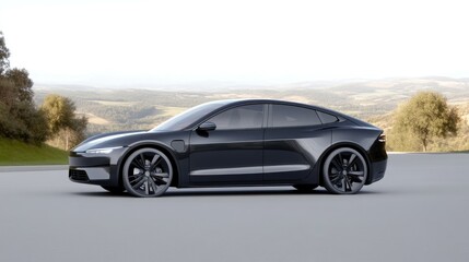 Sleek black electric car on a scenic road