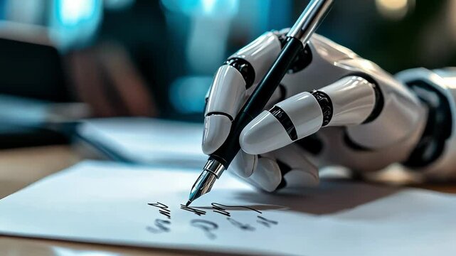 A robotic hand elegantly writing on paper with a pen.