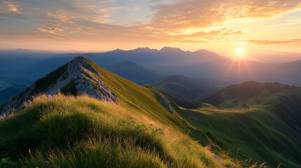 Obraz premium A breathtaking sunrise over a mountain range, warm golden hues painting the sky and illuminating the rugged peaks,