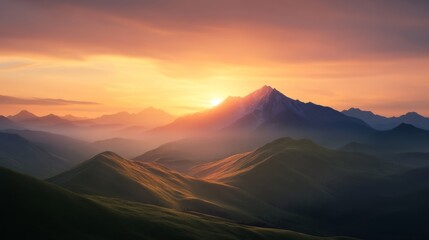A breathtaking sunrise over a mountain range, warm golden hues painting the sky and illuminating the rugged peaks,