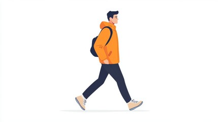 A young man walking outdoors, wearing an orange jacket and a backpack. The image is simple and minimalist, perfect for representing travel, adventure, or freedom.