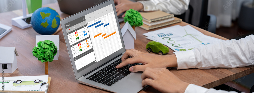 Poster project planning software for brisk business project management on the computer screen showing timel