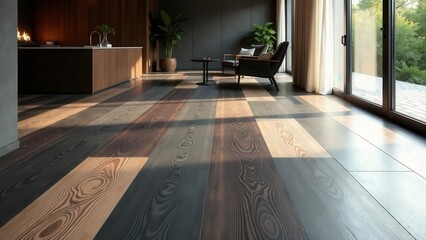 Fototapeta premium Modern Home Interior Design Showcases Stunning Wood Flooring with Varied Tones and Natural Light