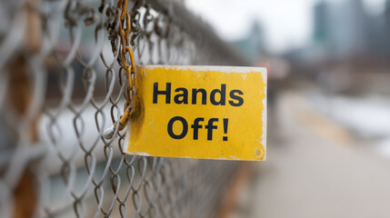 Hands Off Warning: A close-up shot of a yellow sign reading "Hands Off!" hanging on a chain-link fence, offering a sense of caution and awareness.