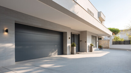 Exterior view of a modern house with gray garage door and paved driveway on a sunny day outside