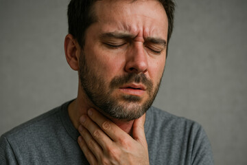 Obraz premium Unwell man with sore throat touching neck, expressing discomfort from illness