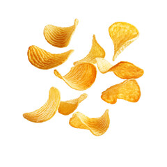 Naklejka premium Flying ripple potato chips isolated on a transparent background showcasing their crunchy texture and playful movement, Flying ripple potato chips isolated transparent background