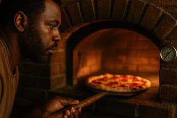 Focused chef baking pizza in wood fired oven with intense concentration