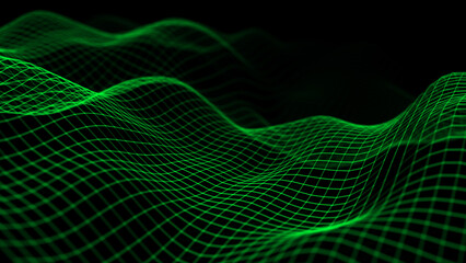 Abstract neon green grid wave on the dark background. Digital structure or network connection. Ocean style. Big data visualization. 3D rendering.