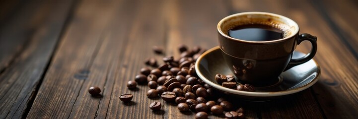 Dark wood table with vintage espresso coffee cup and beans scattered around it, coffee, vintage, wooden