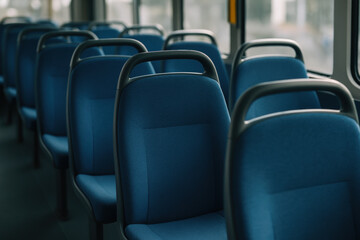 Empty blue bus seats in dimly lit public transport interior