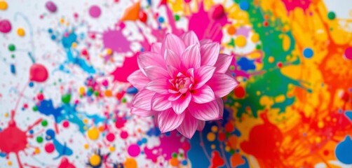 Single vibrant bloom, colorful paint splatter backdrop, photography, graphic