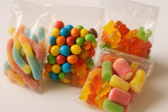 Assorted colorful candies in transparent bags on white background