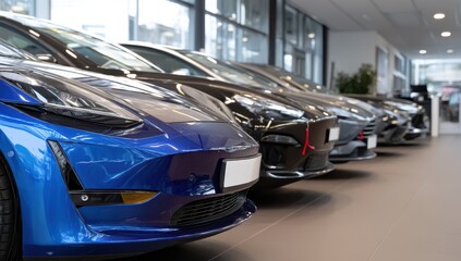 Fototapeta premium Row of high-end cars displayed in a modern dealership showroom.