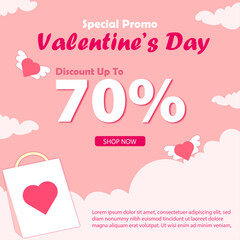 Illustration of Valentine Day sale promotion featuring shopping elements, discount offer, and decorative gift boxes in vibrant colors.
