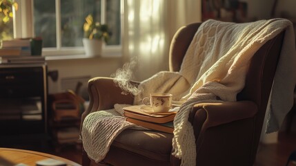 Light-filled reading nook with a cozy armchair, soft blanket, steaming cup of tea, and books, showcasing cluttercoreâ€™s layered comfort and natural light, selective focus