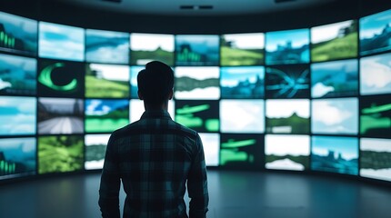 Man watching a massive digital video wall displaying vibrant landscapes and nature footage in a high-tech media room, symbolizing information overload and technology.



