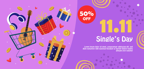 Illustration of Single’s Day sale promotion featuring shopping elements, discount offer, and decorative gift boxes in vibrant colors on a modern purple backdrop.

