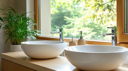 Fototapeta premium Luxury home bathroom interior with two sinks and accessories, panoramic window