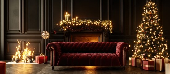 Festive holiday gathering in a luxuriously decorated room with fireplace and tree