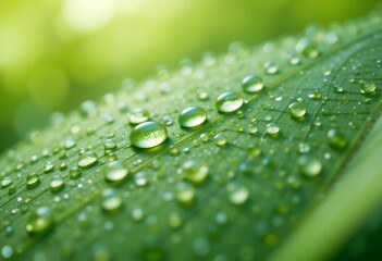 Close-up of vivid green leaf speckled with glistening water droplets after rainfall